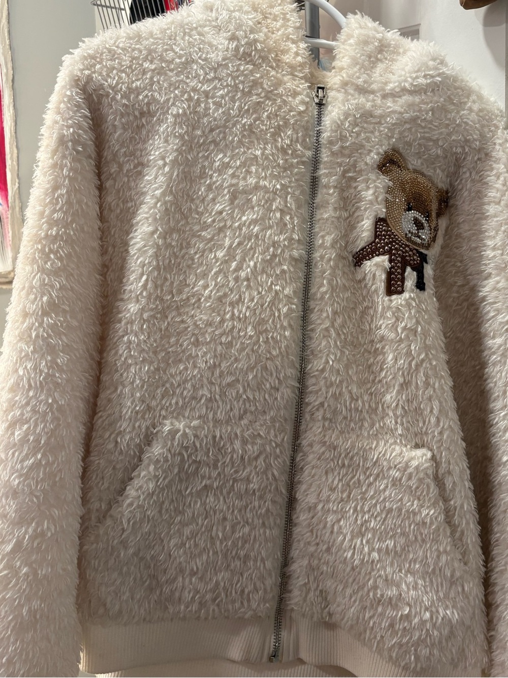 Cream Fuzzy Zip-Up Jacket with Bear Patch